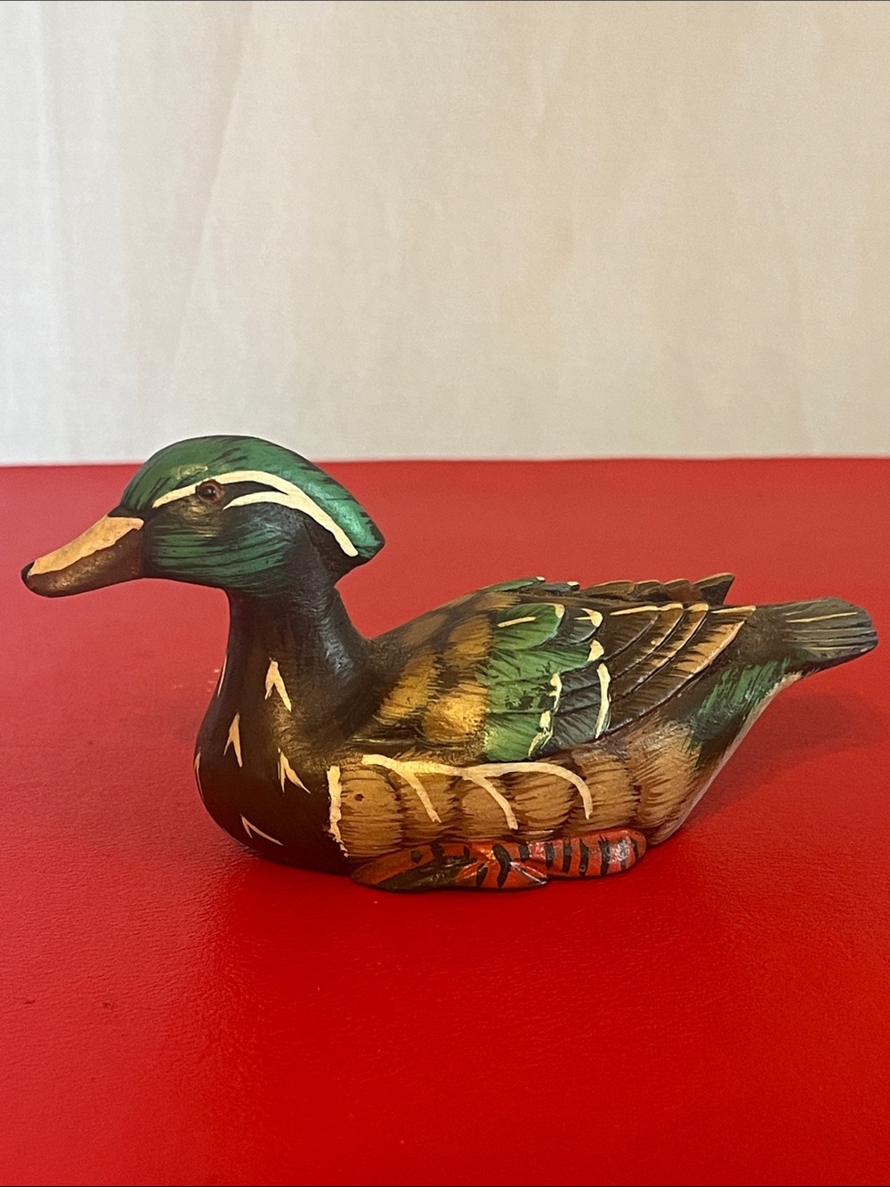 Hand-Painted Wooden Duck Figurine in Green and Brown 4.75”L 2”H